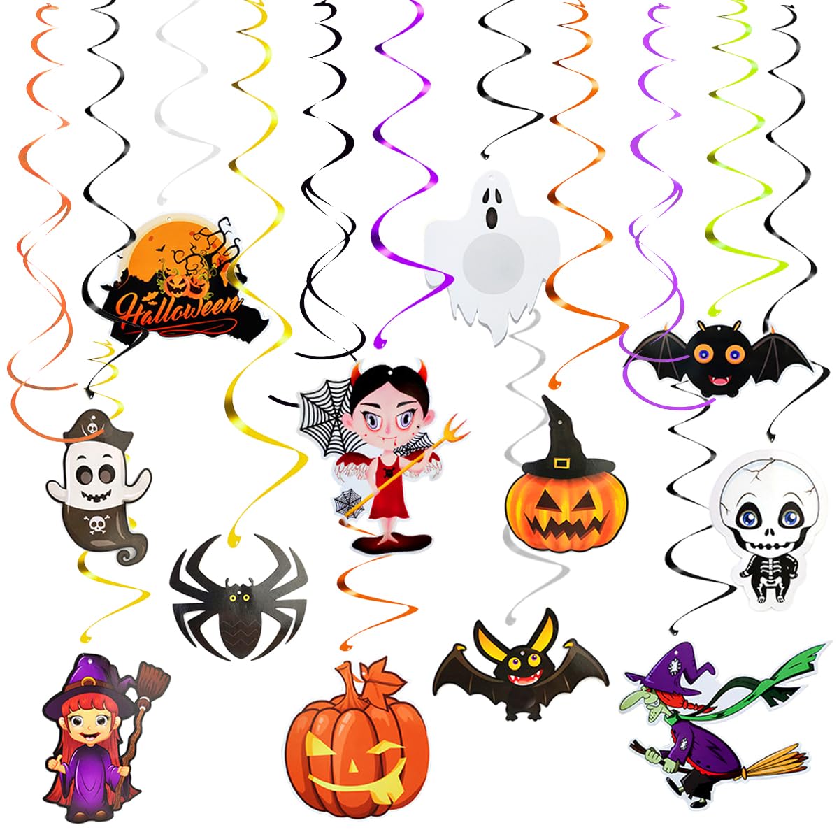 Halloween Decorations, 30 Pcs Hanging Swirl Party Supplies Decorations, Ceiling Spirals Halloween Streamers with Ghost Pumpkin Witch Skull Spider Bat for Home Indoor Outdoor Classroom Office