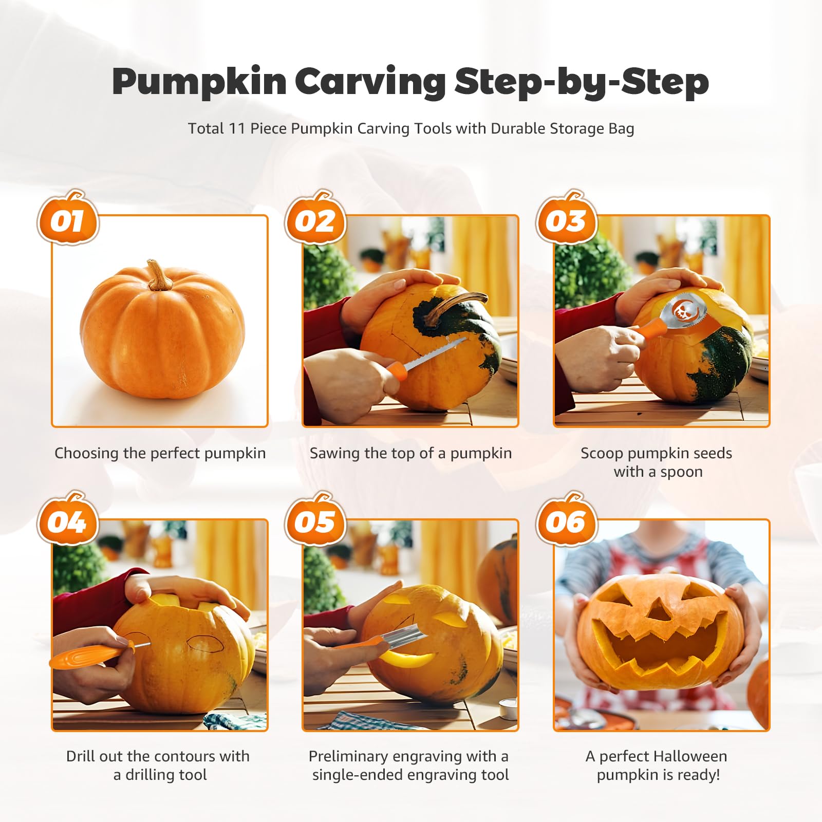 11 PCS Pumpkin Carving Kit for Adults & Kids with Professional Detail Sculpting Tools, Heavy Duty Stainless Steel Knife Set with Carrying Case for Halloween Decoration