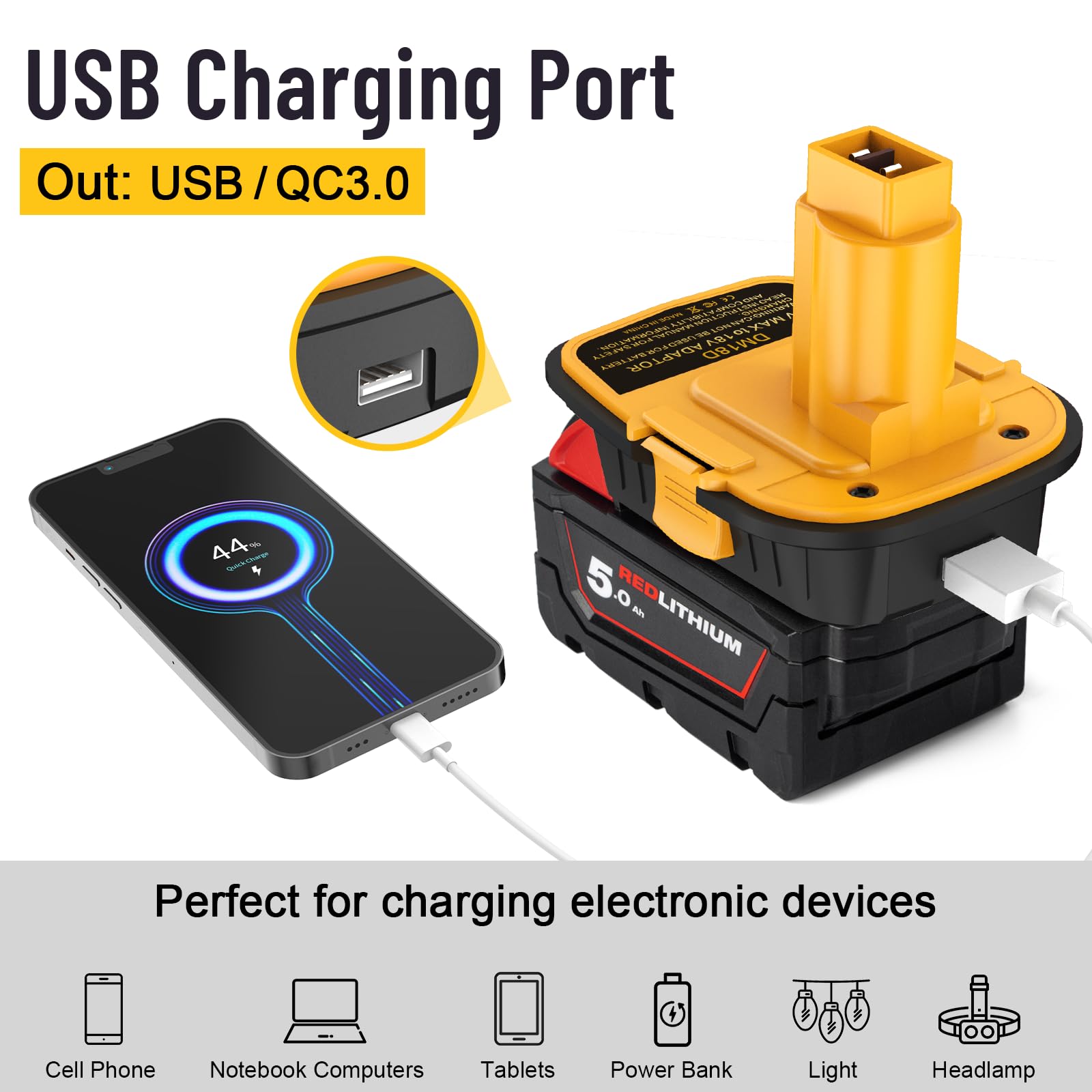 2 Packs DM18D Battery Adapter Converter with USB Port for Dewalt 18V Tools, Converts for Dewalt 20V Li-ion for Milwaukee M18 18V Li-ion Battery to De-Walt 18V Battery Adapter