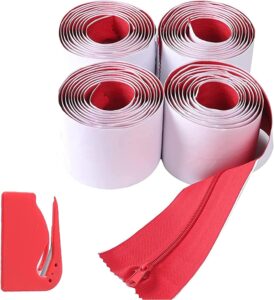 (4-pack) heavy-duty dust protector zipper - self-adhesive instant door zipper - 7 ft length (3" width) zipper - includes 4 zippers and plastic sheeting cutter accessories (red color)