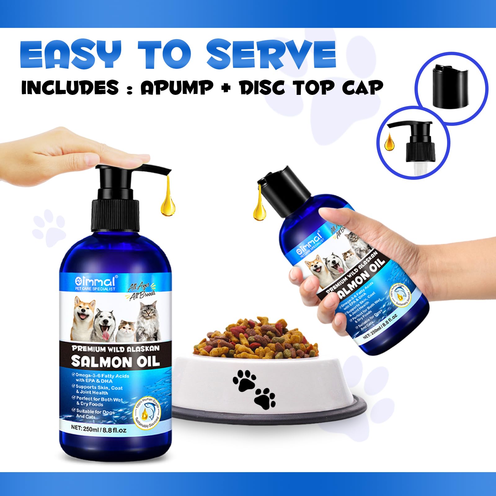 Salmon Oil for Dogs & Cats, Omega 3 Fish Oil for Dog's Skin and Coat, Natural EPA + DHA Fatty Acids for Joint Function, Immune & Heart Health, Wild Alaskan Salmon Oil 250ml for All Ages & All Breeds.