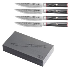 Cangshan YARI Series X-7 Damascus Steel 4-Piece Fine Edge Steak Knife Set with Ash Wood Box