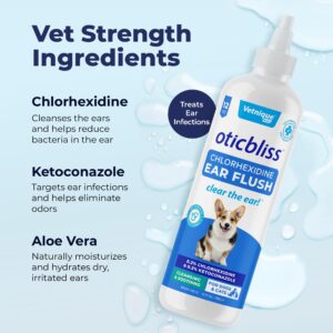 Vetnique Oticbliss Medicated Dog Ear Infection Treatment, Antiseptic Ear Cleaner for Cat & Dog Ear Cleaning Solution with Chlorhexidine & Ketoconazole (12oz Flush)