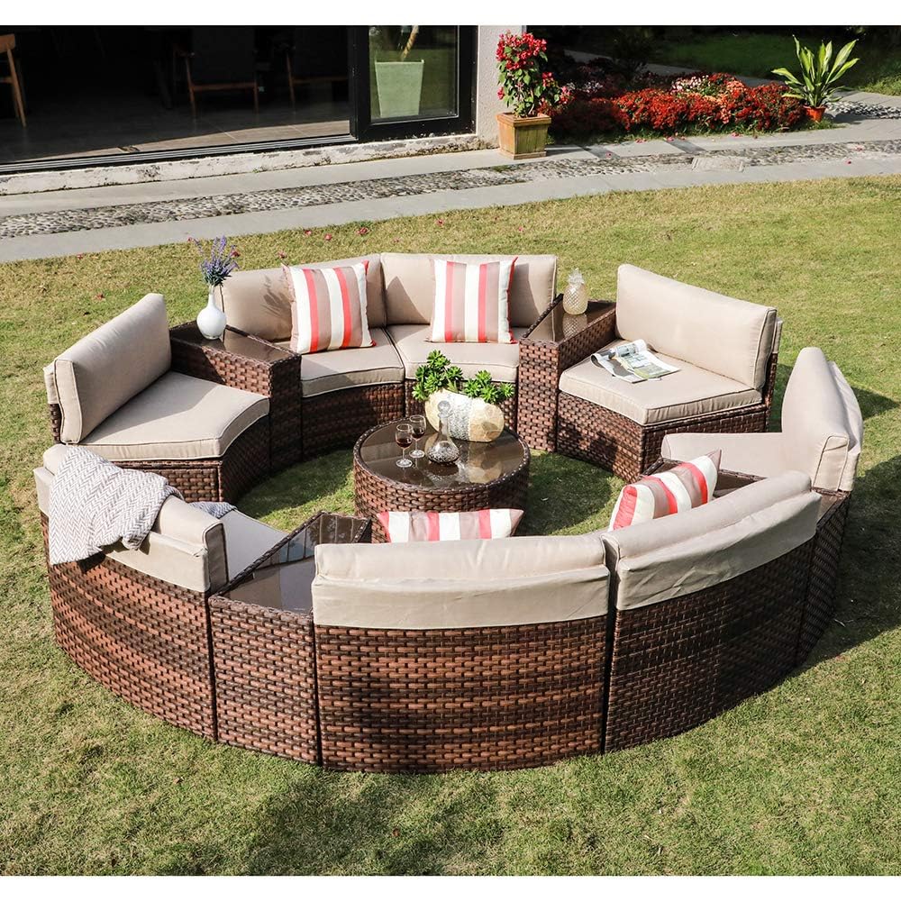 SUNSITT Outdoor Patio Furniture Set 13-Piece Round Sectional Sofa Curved Wicker Sofa with 4 Side Table and Pillows, Brown Rattan & Beige Cushion