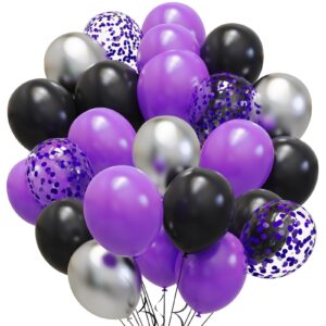 purple black silver latex balloons, 65pcs 12 inches metallic silver purple confetti balloons with 1 ribbon for halloween, birthday, graduation, anniversary,wednesday party