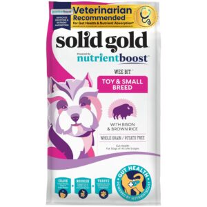 solid gold small breed dog food - nutrientboost wee bit whole grain made w/real bison, brown rice, & pearled barley - high fiber, probiotic dry dog food for dogs with sensitive stomachs - 3.75 lb