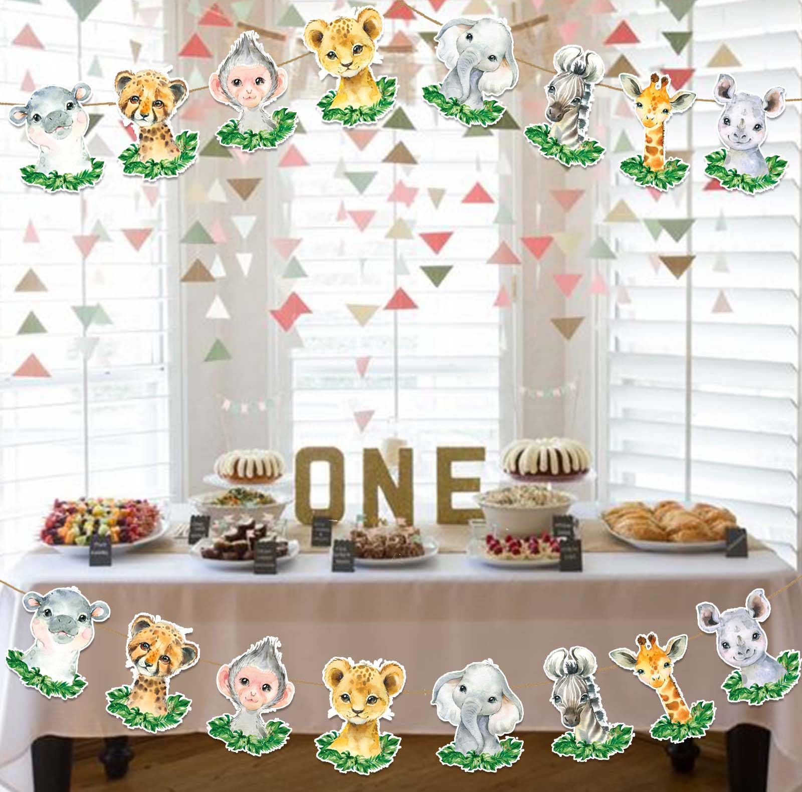 2Pcs Safari Animals Baby Shower Banner, Jungle Baby Shower Decorations, Wild One Birthday Party Decorations for Boys Kids, Double Sided Safari Jungle Themed Birthday Party Supplies