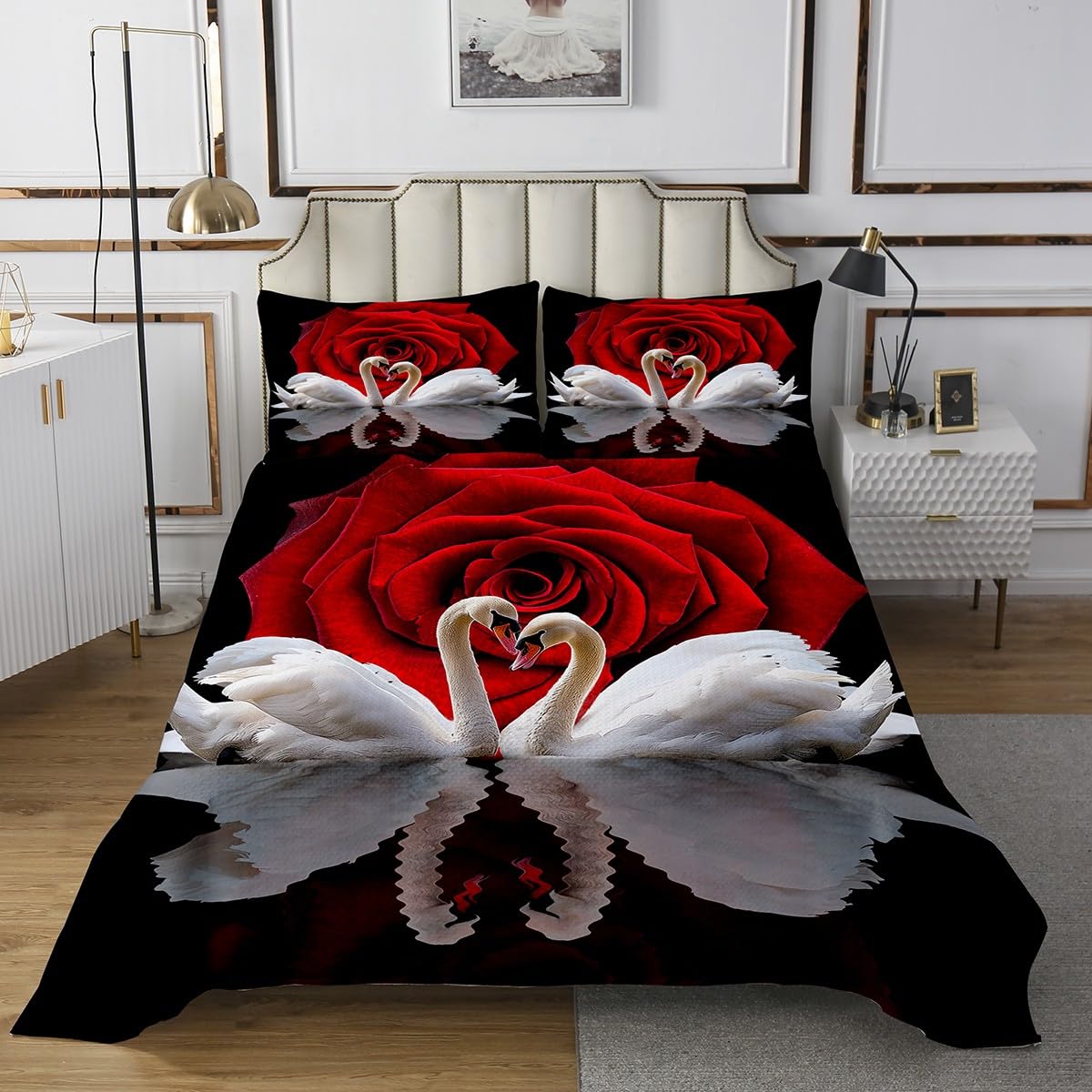 Erosebridal Red Rose Bedspread Set Black and White Swan Quilted Queen Bed Set,Birds Coverlet Set Romantic Flower Quilt Set Wild Animals Bedroom Decor for Girls Woman Lady Wedding Decorations