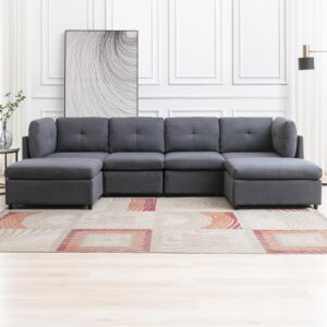 FRETSAE Modular Sectional Sofa, Convertible U Shaped Sofa Couch with Removable Ottomans, Button Tufted Design, 6 Seats Modular Sectional Couch for Living Room, Dark Grey