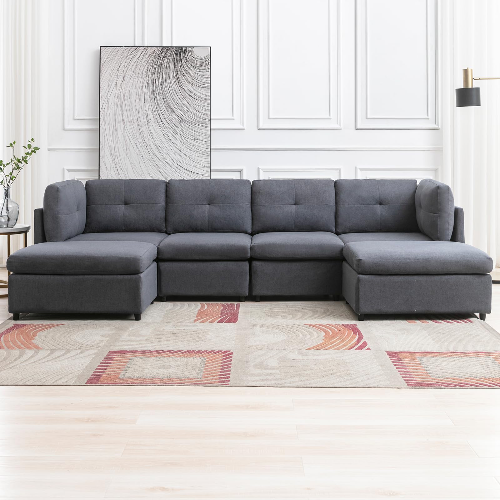 FRETSAE Modular Sectional Sofa, Convertible U Shaped Sofa Couch with Removable Ottomans, Button Tufted Design, 6 Seats Modular Sectional Couch for Living Room, Dark Grey