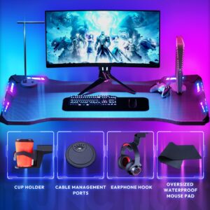 Dowinx Gaming Desk with LED Lights, RGB Gaming Computer Table with Carbon Fibre Surface, LED Home Office Desk with Remote Control, Pc Workstation with Cup Holder and Headphone Hook, Black