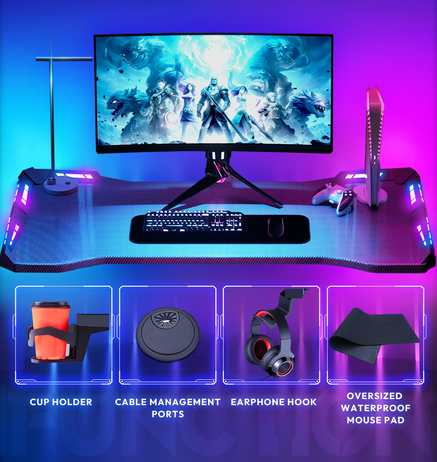 Dowinx Gaming Desk with LED Lights, RGB Gaming Computer Table with Carbon Fibre Surface, LED Home Office Desk with Remote Control, Pc Workstation with Cup Holder and Headphone Hook, Black