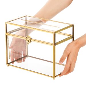 Okllen Glass Wedding Card Box with Lock and Slot, Gold Rim Envelop Box Gift Holder, Vintage Clear Card Box for Wedding Reception, Baby Shower, Birthday, Graduation (Glass Box and Lock Only)