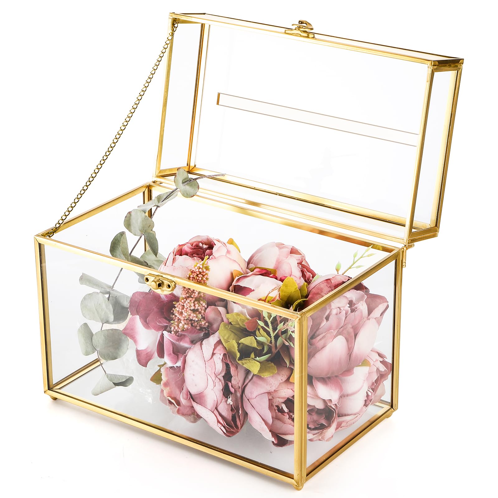 Okllen Glass Wedding Card Box with Lock and Slot, Gold Rim Envelop Box Gift Holder, Vintage Clear Card Box for Wedding Reception, Baby Shower, Birthday, Graduation (Glass Box and Lock Only)