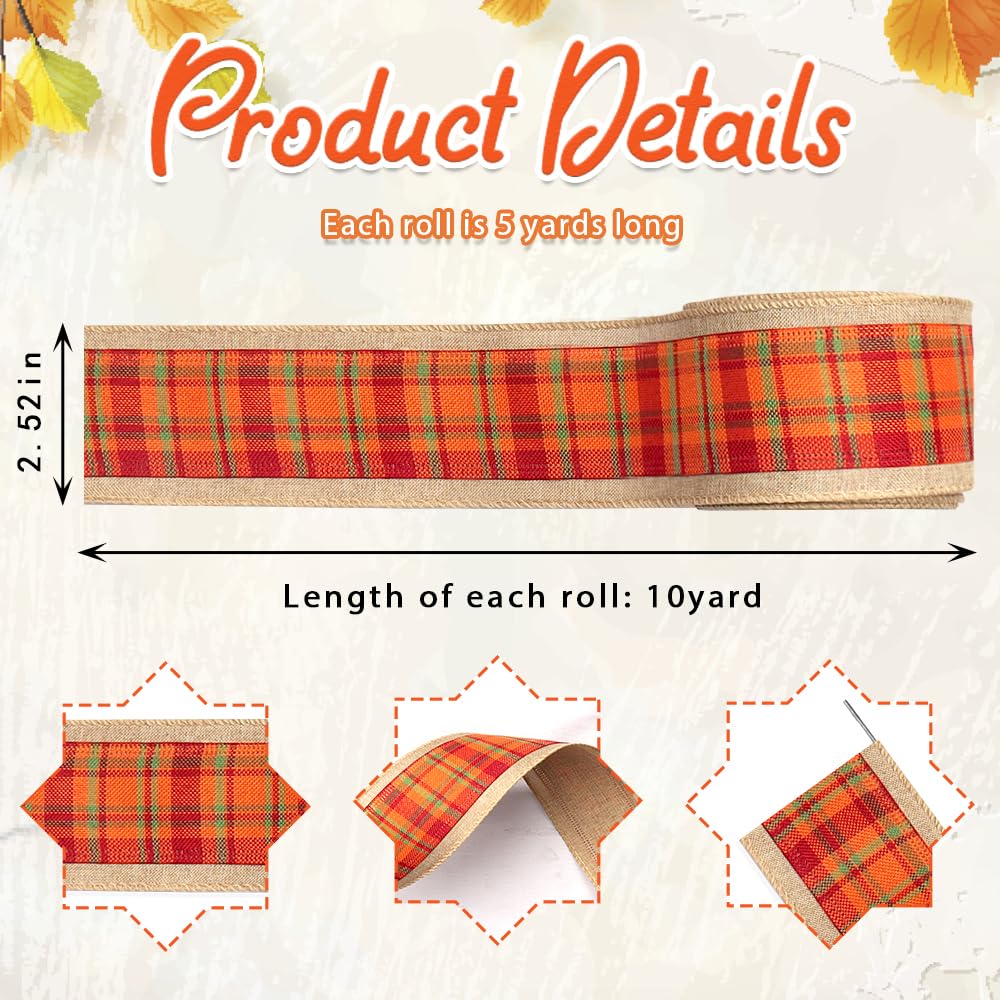 Estivaux Fall Ribbons for Crafting, Thanksgiving Wired Edge Ribbon Orange Buffalo Plaid Craft Ribbons Autumn Farmhouse Burlap Ribbon for Gift Wrapping Fall Thanksgiving Decorations Supplies