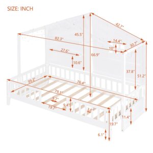 SOFTSEA Twin Size House Bed for Kids, Low Loft Bed with Storage Shelves, Wood Bed Frame with Window and Sparkling Light Stripe on The Roof, Kids Twin Bed Frame, No Box Spring Needed, White