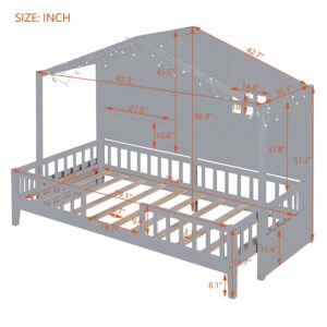 SOFTSEA Twin Size Low House Loft Bed with Shelves, Low Wood Bed Frame with Window and Sparkling Light Stripe on The Roof, House Shaped Low Loft Bed for Kids