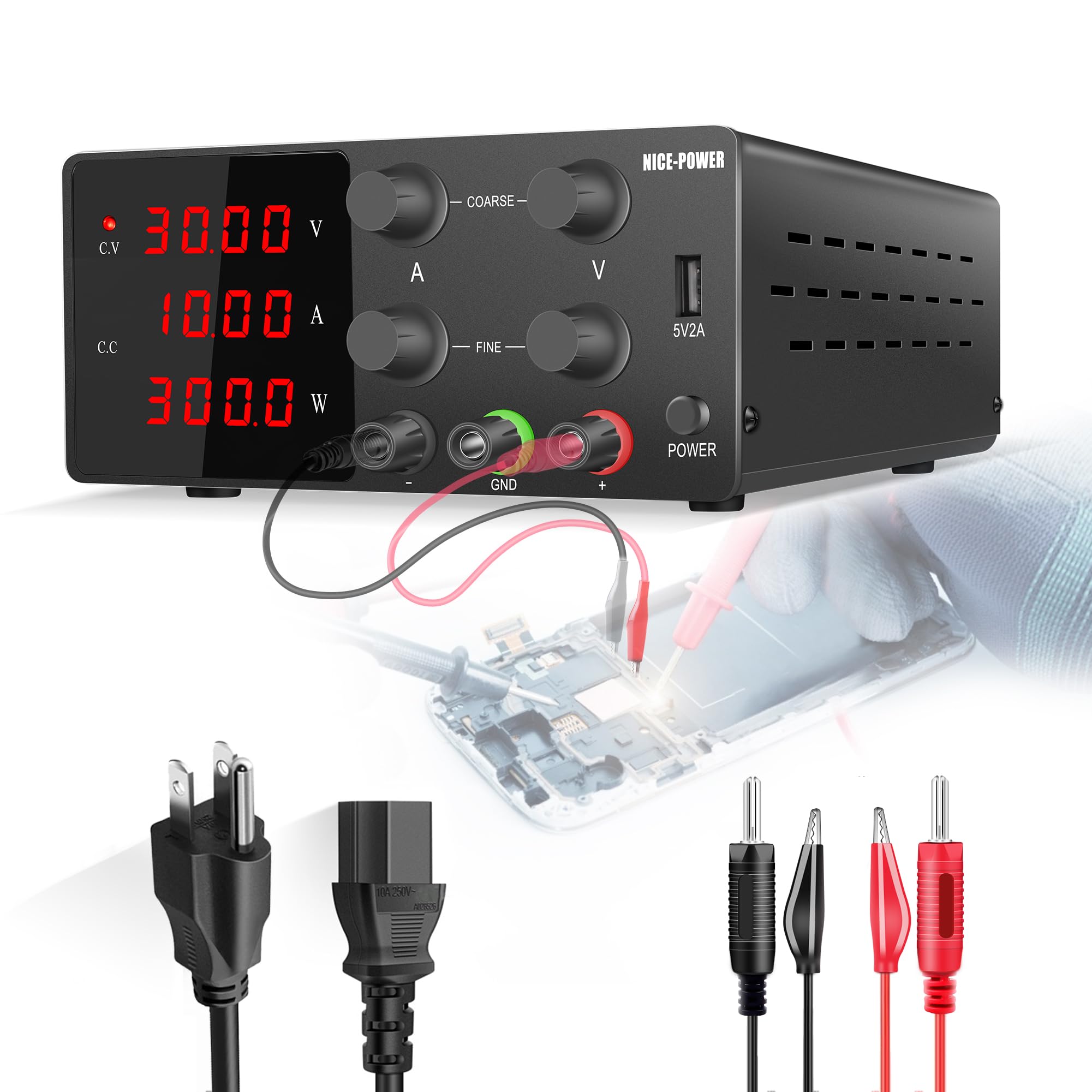 NICE-POWER DC Power Supply Variable 30V 10A Adjustable Bench Power Supply with Coarse/Fine Adjustments Knob Switching DC Regulated Power Supply Stable Output 4-Digits LED Display 5V/2A USB Port