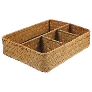 storage basket seagrass storage basket, rectangular household organizer boxes with 4 compartments, wicker rattan divided basket organizer for organize snack