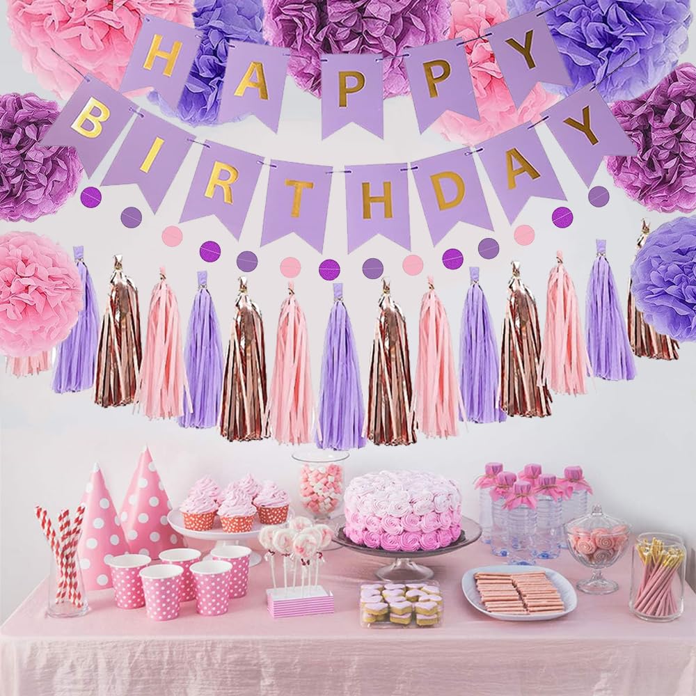 Purple Pink Birthday Party Decorations, Happy Birthday Banner, Pink Party Decorations for Women, Paper Pompoms, Paper Tassels Garland, Circle Dots Garland for Women Girls Birthday Decorations