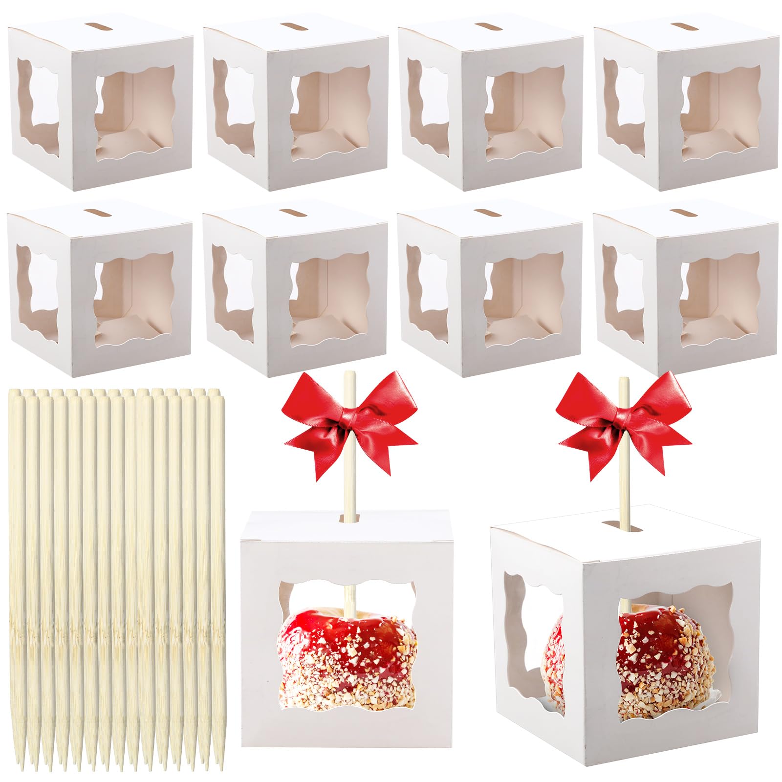 Sliner 100 Sets 4 x 4 x 4 Inch Kraft Candy Apple Boxes with Holes Candy Apple Sticks Caramel Apple Boxes Apple Container Chocolate Apple Gift Box with Clear Window for Autumn Christmas (White)