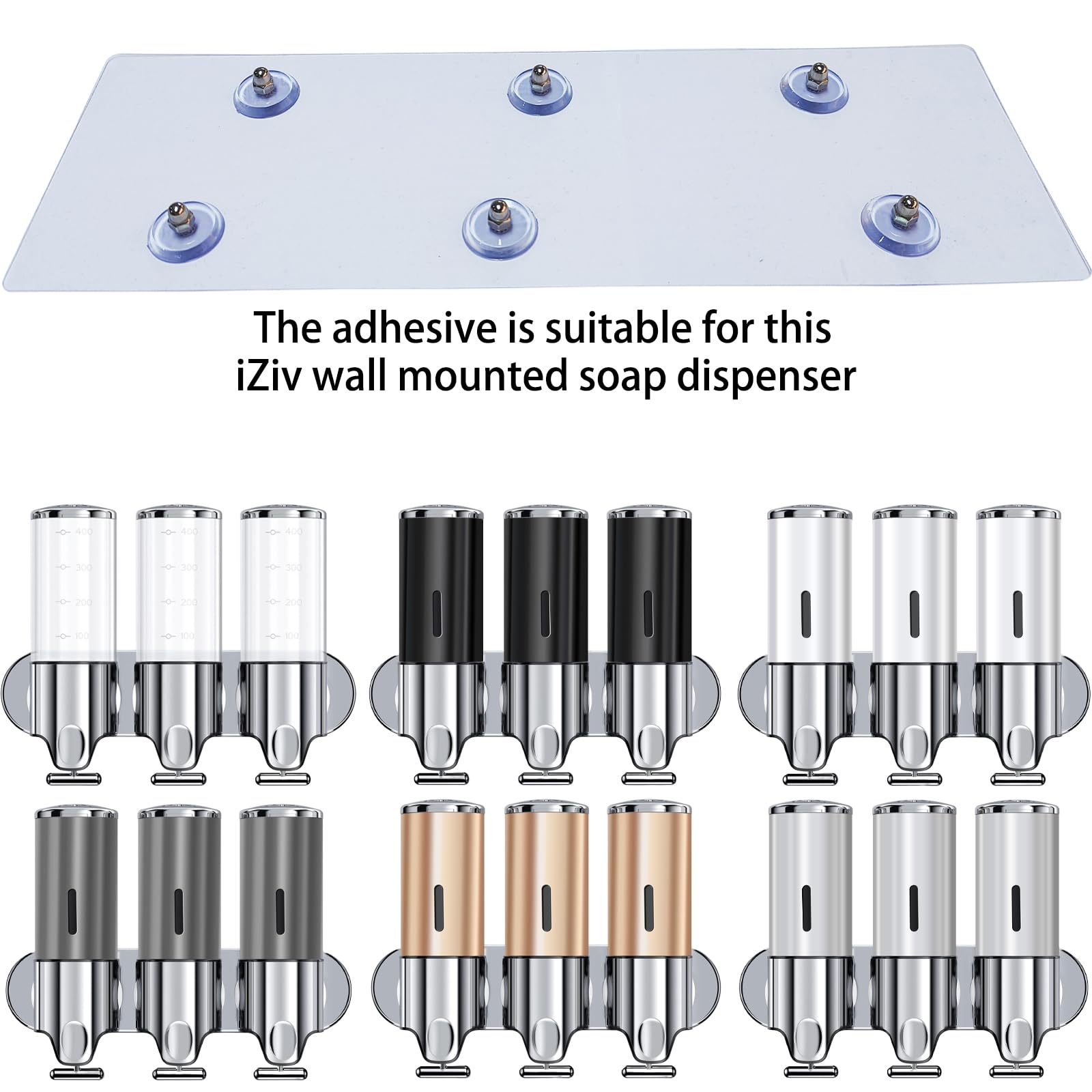 iZiv Soap Dispenser Adhesive with Screws, No-Drill Wall Mounted Soap Dispenser Glue, Self-Adhesive for Shower Pump Dispenser Shower Gel Dispenser Shampoo Dispenser Bathroom Dispenser