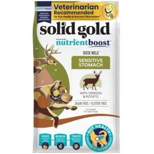 solid gold dry dog food for adult & senior dogs - made w/real venison, potato, & pumpkin - nutrientboost buck wild sensitive stomach dog food for protein sensitivities & gut health - 22 lb