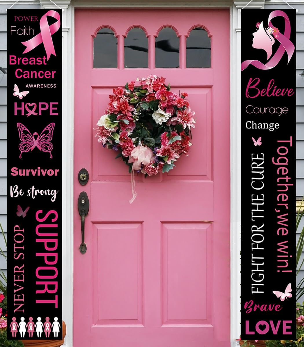 Breast Cancer Awareness Porch Sign-Hope Love Cure Party Supplies Pink Ribbon Door Banner Women October Breast Cancer Month Decorations for Home