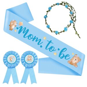 4pcs bear theme mom to be sash baby shower dad to be pin and blue flower crown for gender reveal party baby shower decorations for boys pregnancy props keepsake gifts