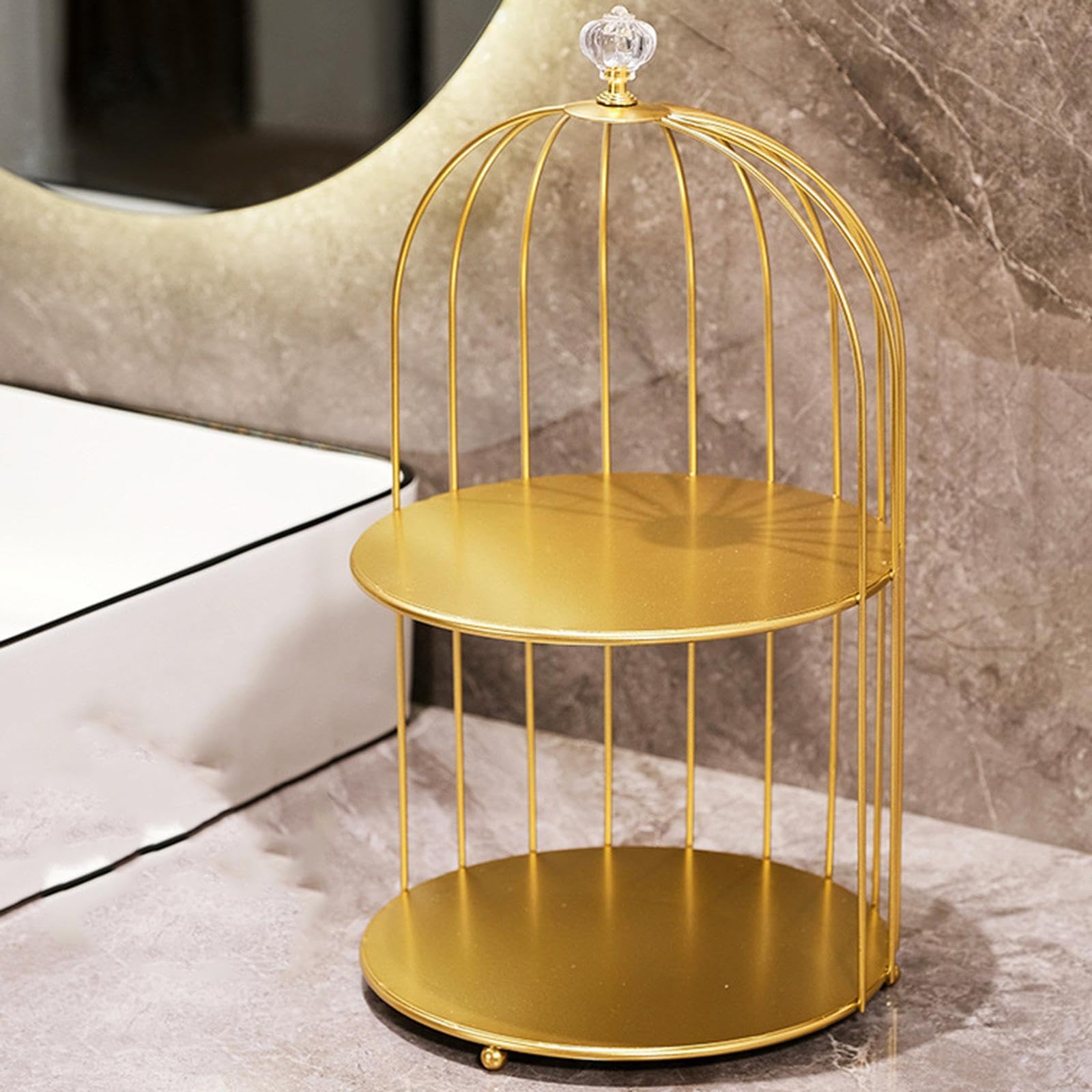 Menolana Bird Cage Dresser Organizer, Bathroom Makeup Holder, Nordic Perfume Lipstick Cosmetics Iron Storage Rack Cupcake Stand for Bathroom Countertop, gold 2 tier