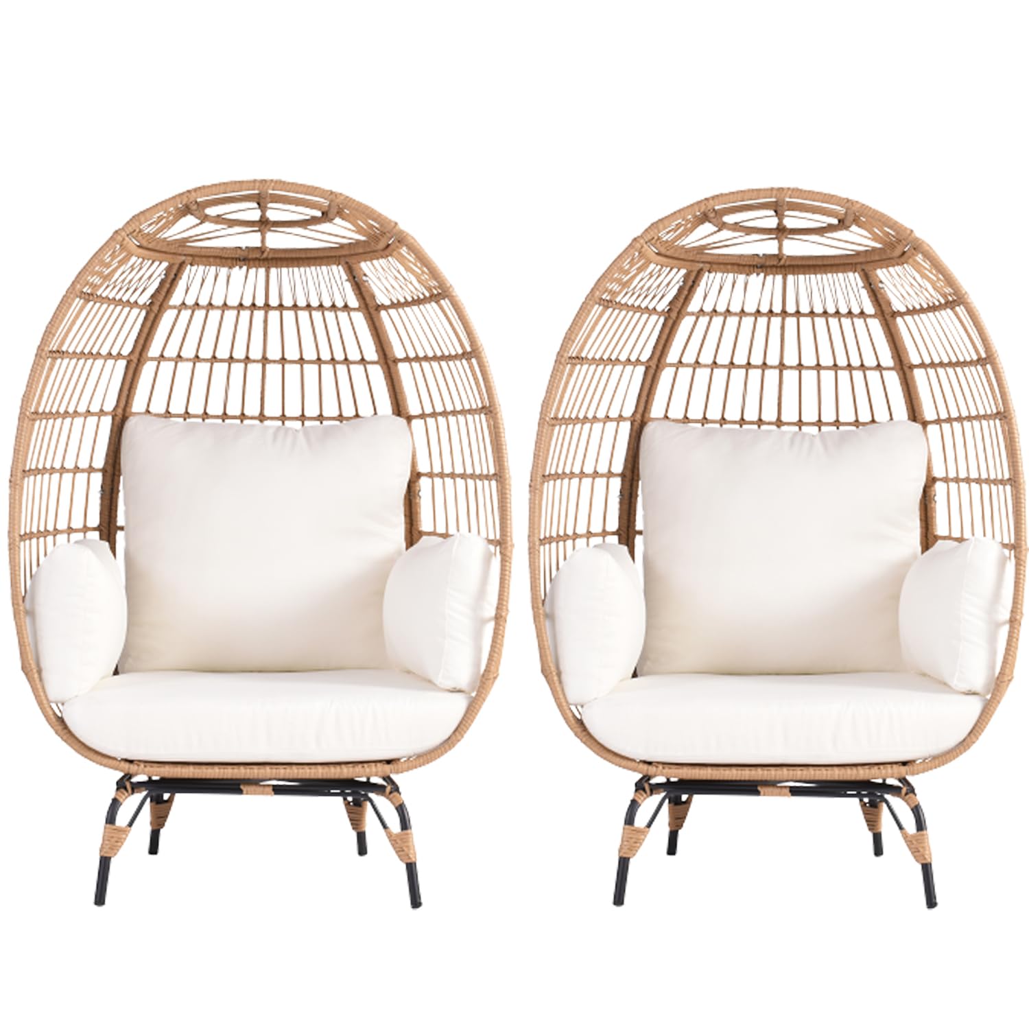 OTSUN Egg Chair Set of 2, Oversized Wicker Egg Basket Chair with 4 Cushions, 440lb Capacity, Outdoor Indoor Lounger for Living Room, Patio, Balcony, Backyard, Ivory