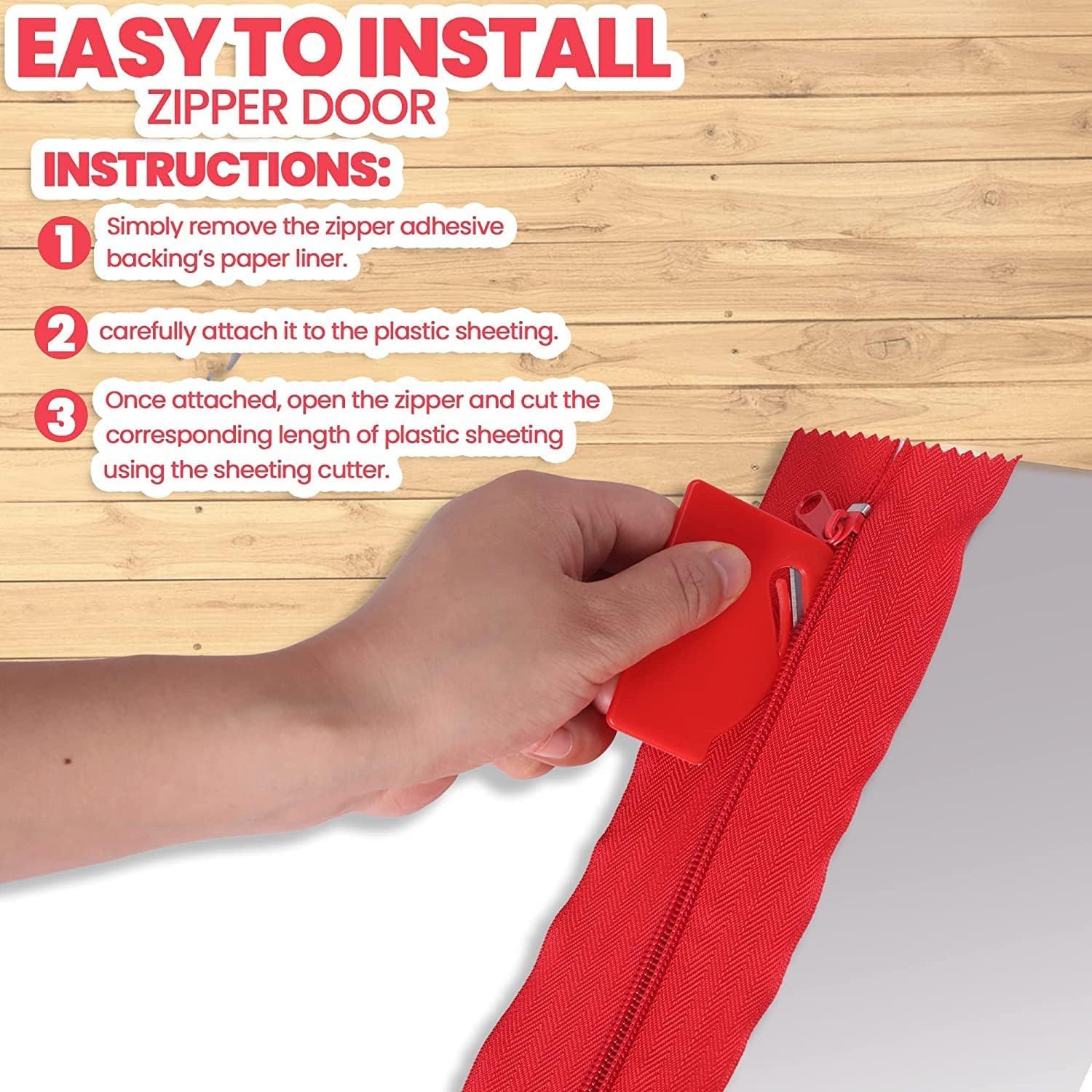 (4-Pack) Heavy-Duty Dust Protector Zipper - Self-Adhesive Instant Door Zipper - 7 Ft Length (3" Width) Zipper - Includes 4 Zippers and Plastic Sheeting Cutter Accessories (Red Color)