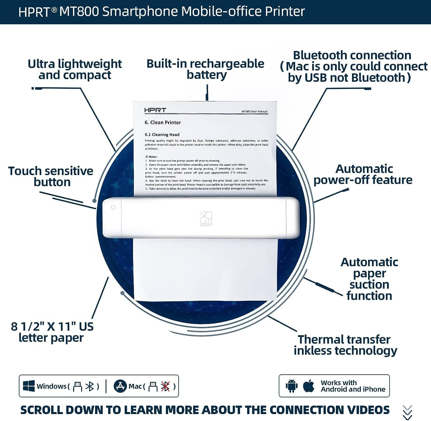 HPRT Wireless Bluetooth Small Printer MT800, Compatible with Andriod& iOS, Laptop, Computers PC,Support 8.5" X 11" US Letter & A4 Size Paper