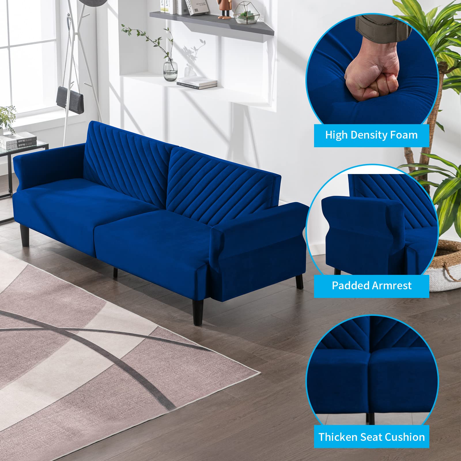 Mjkone Convertible Futon Sofa Bed | 78-in 3 Seat Couch | Folding Upholstered Sleeper Sofa with Adjustable Backrest & Armrest | Velvet Fabric | Couch for Living Room | Apartment Couches (Blue)