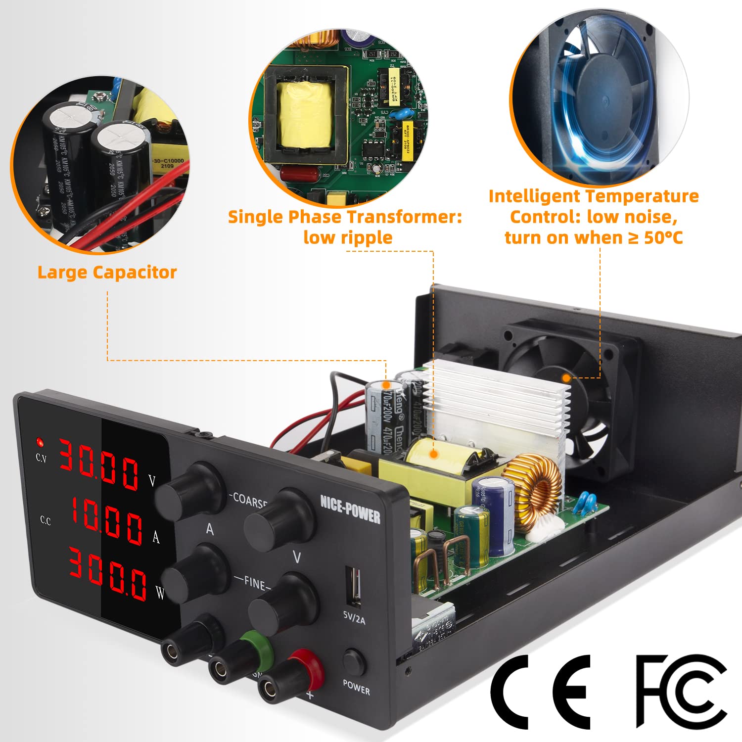 NICE-POWER DC Power Supply Variable 30V 10A Adjustable Bench Power Supply with Coarse/Fine Adjustments Knob Switching DC Regulated Power Supply Stable Output 4-Digits LED Display 5V/2A USB Port