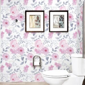 Floral Wallpaper Floral Contact Paper Peel and Stick Wallpaper Boho Wallpaper for Bedroom Pink Flower Wallpaper Leaf Wallpaper Self-Adhesive Removable Wallpaper Watercolor Kids Nursery 17.3“×78.7”