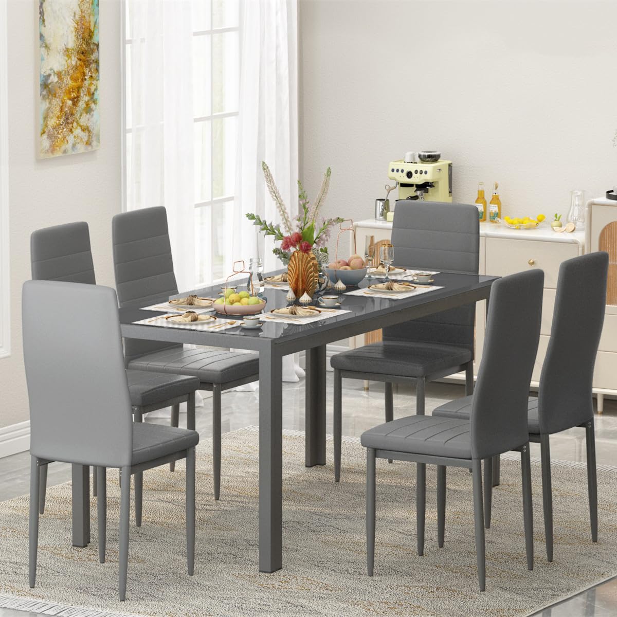 DKLGG 7 Piece Dining Table Set for 6, Glass Dining Room Table Set with 6 PU Leather Chairs, Modern Kitchen Table and Chairs Set of 6 for Small Space, Apartment