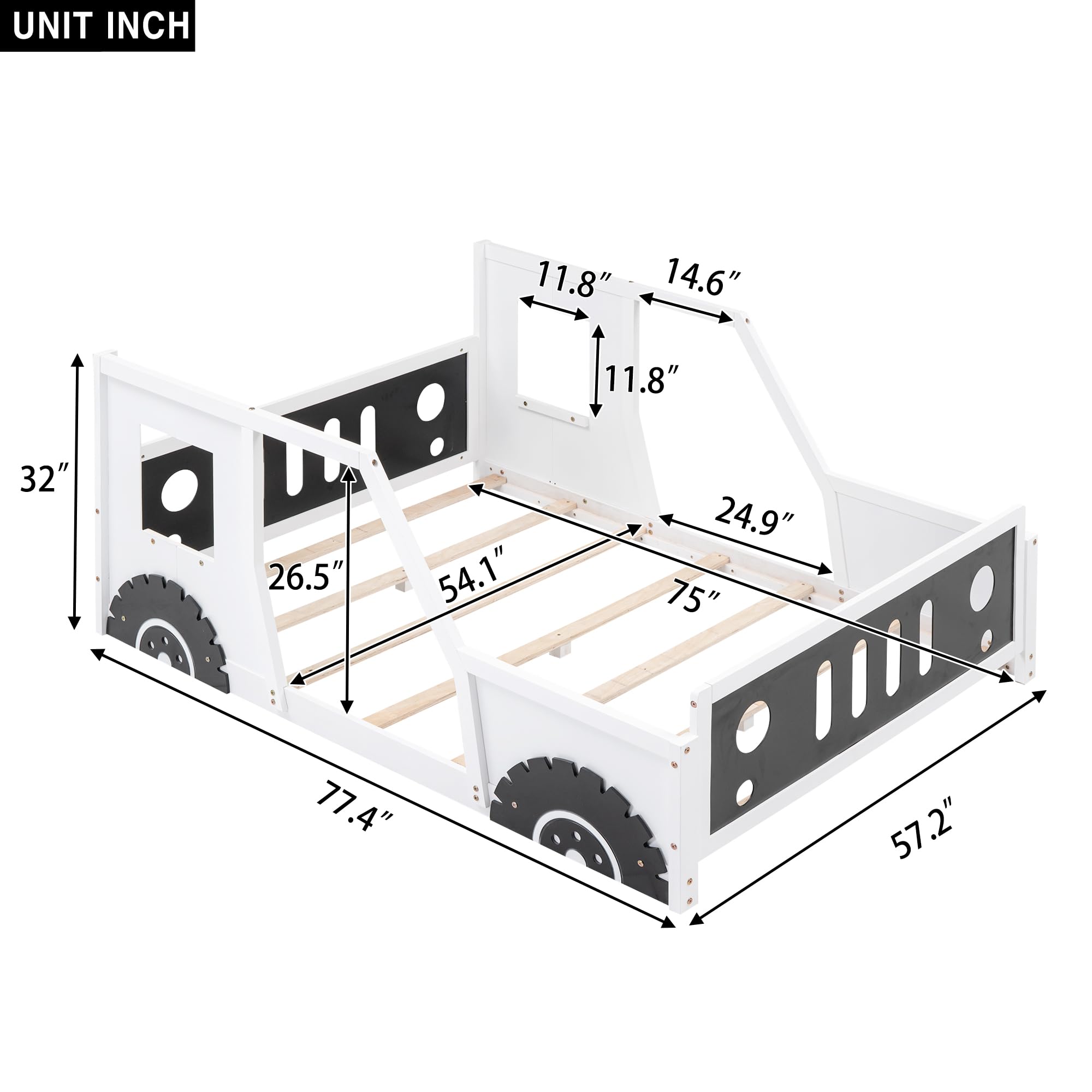 Bellemave Full Size Kids Bed, Full Car Bed, Classic Car-Shaped Platform Bed with Wheels, Wood Full Montessori Floor Bed Frame for Kids Boy Girls, Lightning McQueen Bed (White+Black)