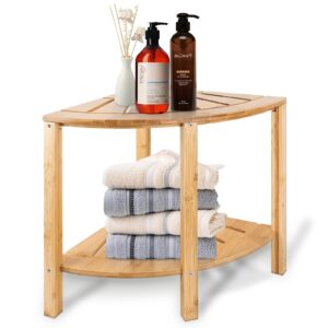 shower foot rest, bamboo corner shower bench for shaving legs, shower stool with storage shelf for inside shower- waterproof bath shower seat for bathroom