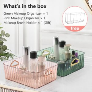 WINJECEI 2-Pack Green & Pink Makeup Organizers - 10 x 8 IN Large Capacity Vanity Organizers with Handle - Premium Perfume, Skincare Organizers