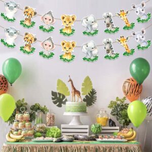 2Pcs Safari Animals Baby Shower Banner, Jungle Baby Shower Decorations, Wild One Birthday Party Decorations for Boys Kids, Double Sided Safari Jungle Themed Birthday Party Supplies