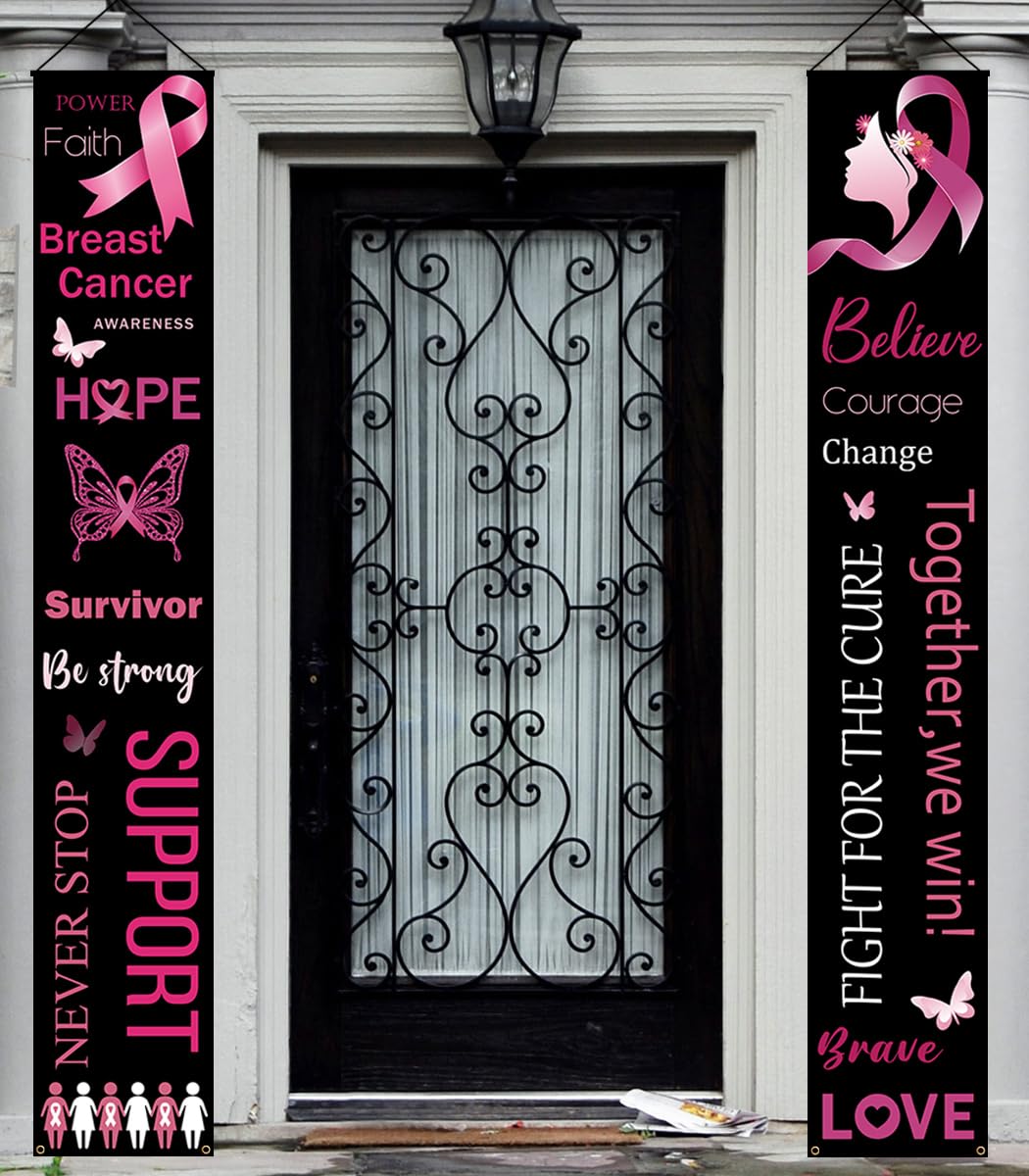 Breast Cancer Awareness Porch Sign-Hope Love Cure Party Supplies Pink Ribbon Door Banner Women October Breast Cancer Month Decorations for Home