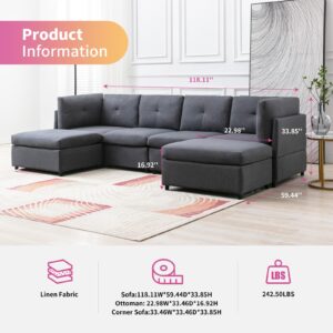 FRETSAE Modular Sectional Sofa, Convertible U Shaped Sofa Couch with Removable Ottomans, Button Tufted Design, 6 Seats Modular Sectional Couch for Living Room, Dark Grey