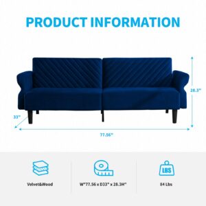 Mjkone Convertible Futon Sofa Bed | 78-in 3 Seat Couch | Folding Upholstered Sleeper Sofa with Adjustable Backrest & Armrest | Velvet Fabric | Couch for Living Room | Apartment Couches (Blue)