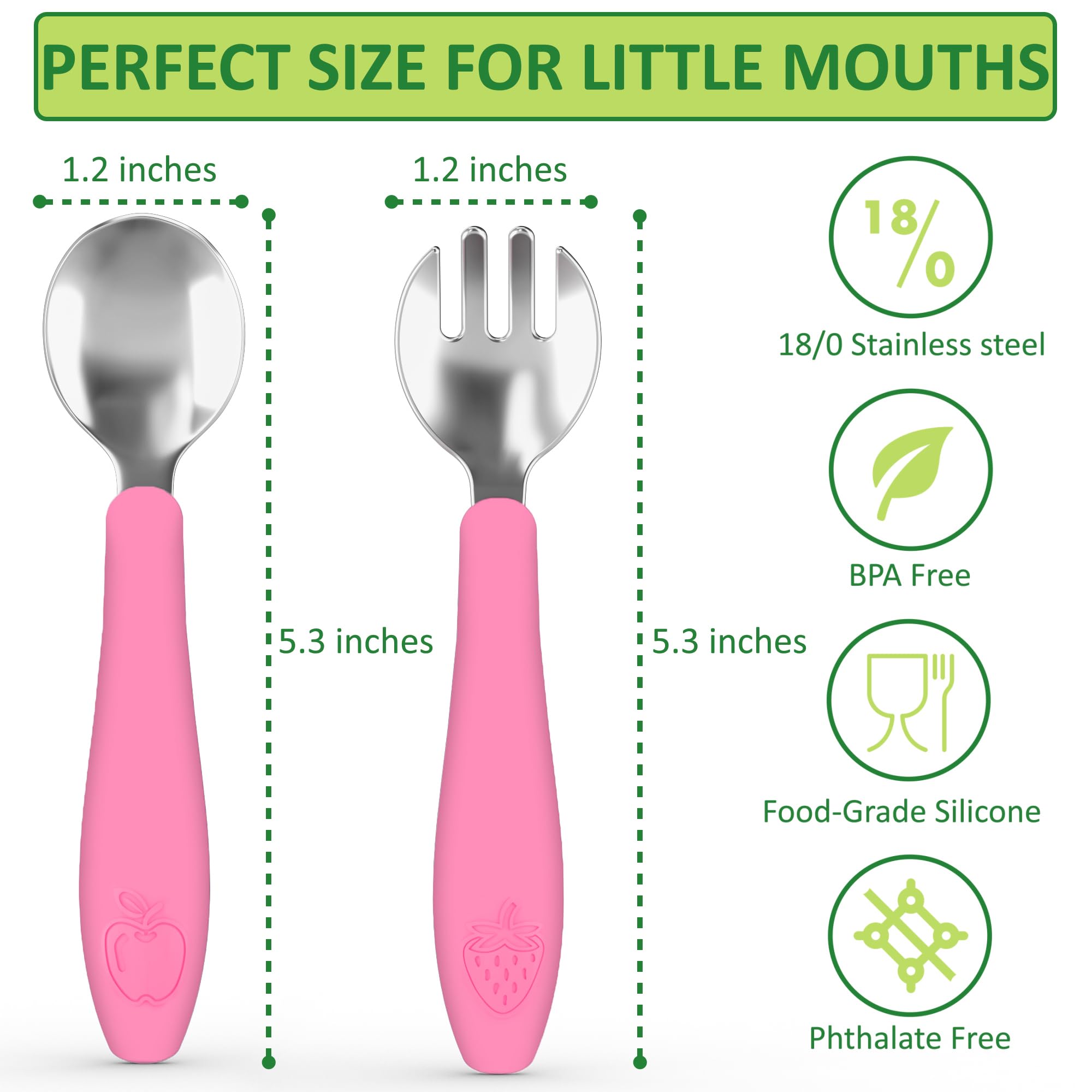 CHILLOUT LIFE Toddler Utensils, Kids Silverware with Silicone Handle, Stainless Steel Metal Toddler Forks and Spoons Safe Baby Cutlery Set for Self Feeding BPA Free Dishwasher Safe