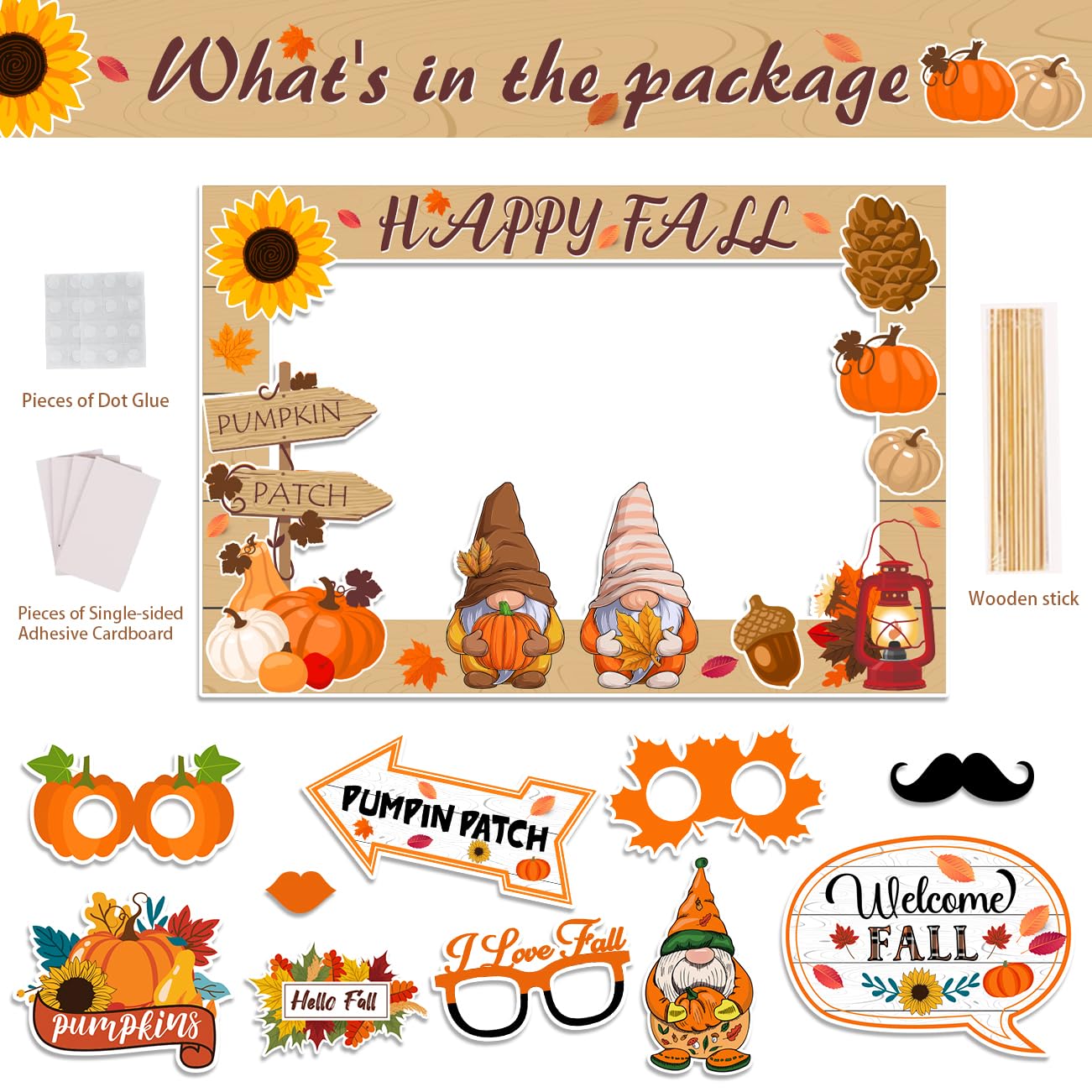 Fall Decor Happy Fall Gnomes Pumpkin Photo Booth Frame and Props for Autumn Themed Pumpkin Patch Thanksgiving Party Favors Decorations Supplies-11pieces