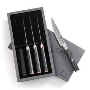 cangshan yari series x-7 damascus steel 4-piece fine edge steak knife set with ash wood box