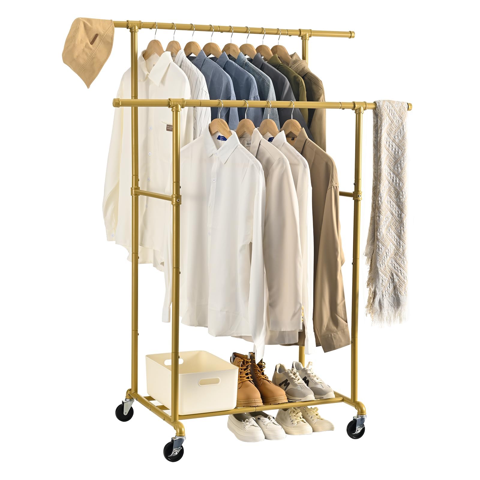 FOUCSSOMEI Heavy Duty Clothes Rack, Rolling Clothes Rack, Clothing Rack with Wheels,Clothing Hanger Organizer, Double Rod, Max 400Lbs, for Closet Bedroom Yard Sale, Commercial Grade, Gold