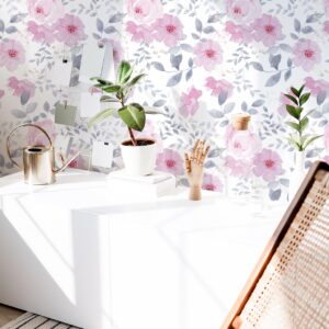 Floral Wallpaper Floral Contact Paper Peel and Stick Wallpaper Boho Wallpaper for Bedroom Pink Flower Wallpaper Leaf Wallpaper Self-Adhesive Removable Wallpaper Watercolor Kids Nursery 17.3“×78.7”