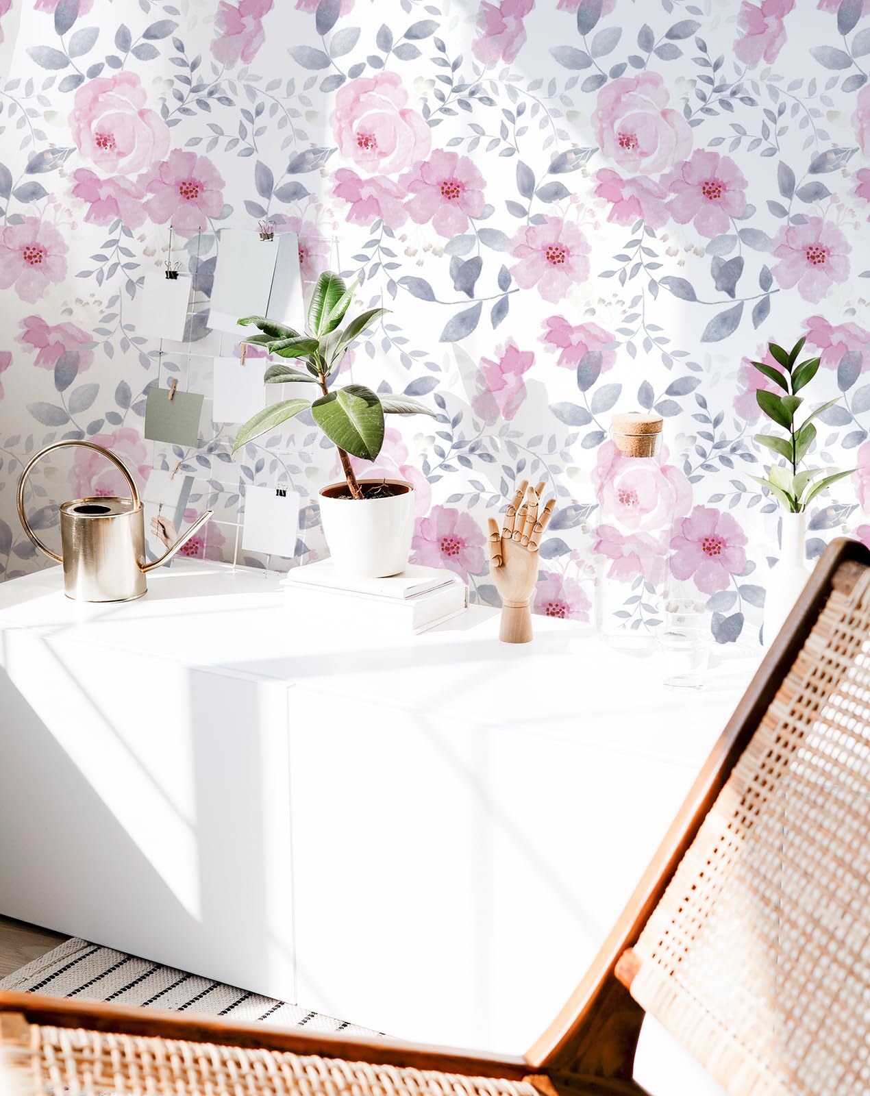 Floral Wallpaper Floral Contact Paper Peel and Stick Wallpaper Boho Wallpaper for Bedroom Pink Flower Wallpaper Leaf Wallpaper Self-Adhesive Removable Wallpaper Watercolor Kids Nursery 17.3“×78.7”